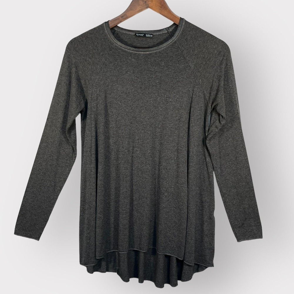 Zara Woman Charcoal Grey Heathered High Low Raglan Long Sleeve Tunic Top S